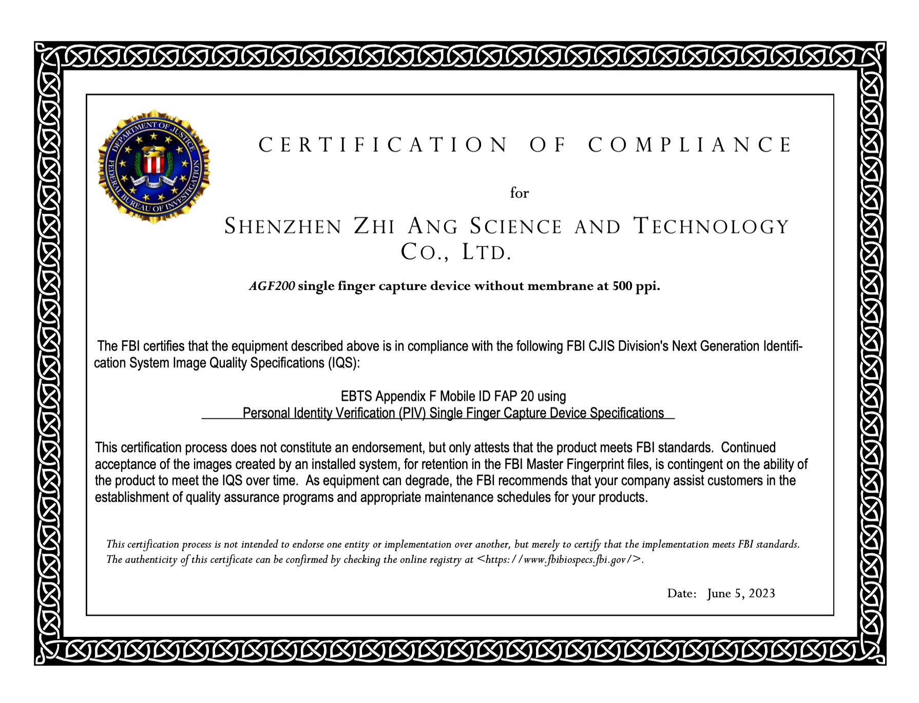 Certificat AGF200 PIV